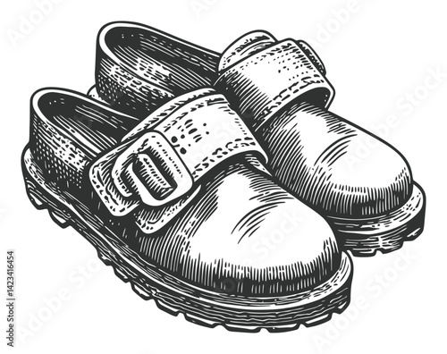 Vintage Linocut Illustration of Classic Clogs with Buckle Design