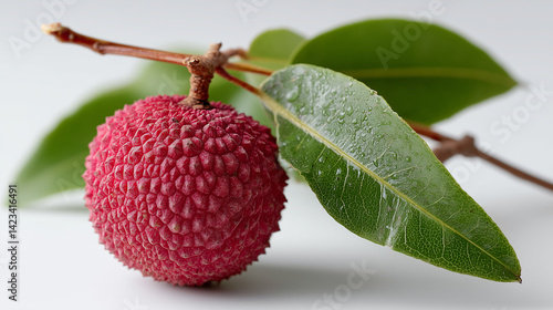 Lychee on Branch: A single ripe lychee fruit hangs from a branch with vibrant green leaves, showcasing its unique bumpy texture and reddish-pink hue.