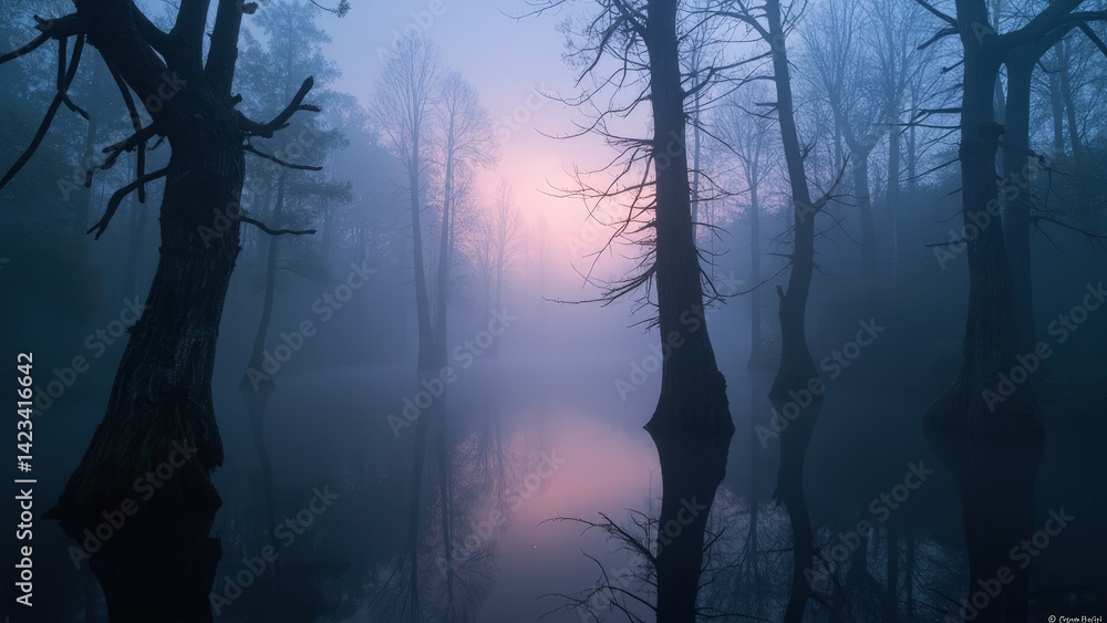 Obraz premium Misty forest lake scenic view, tranquil water reflection. The atmospheric nature in an ethereal and foggy. 
