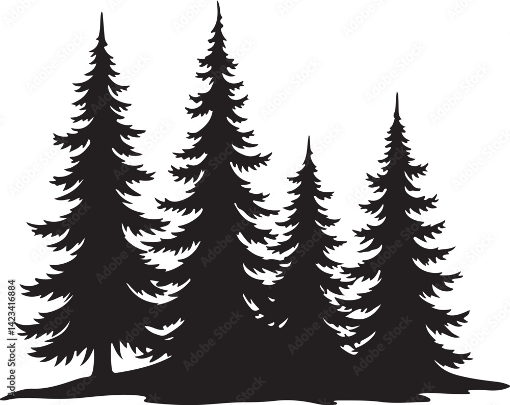 Obraz premium Epic Mountain Biking Adventure Silhouette with Pine Forest, Moon, and Wilderness Scenery