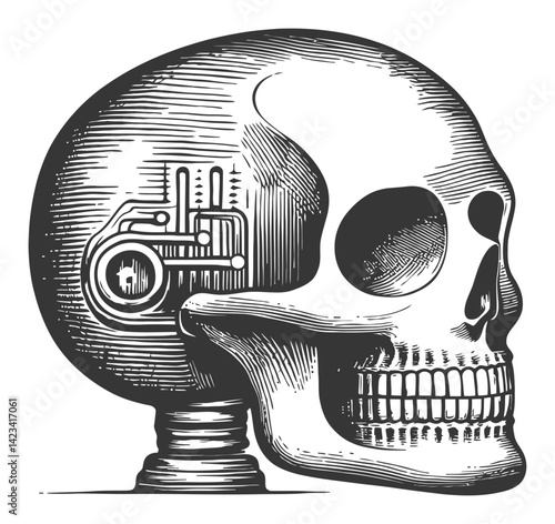 Engraved Skull with Mechanical Design in Vintage Illustration Style