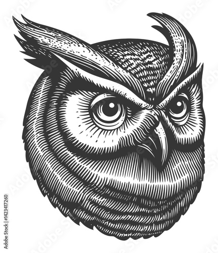 Detailed Black and White Owl Illustration in Linocut Style