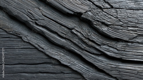  Deep Black Charred Wood Texture in Macro Flat Lay