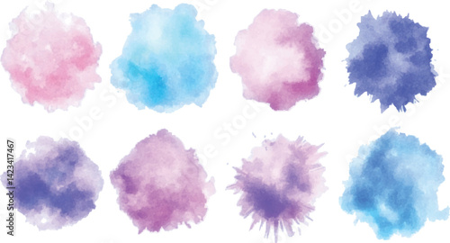 Color stains in watercolor. Pink, blue, yellow, red. Pastel colors brush strock.