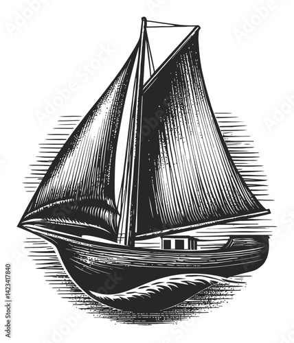 Classic Black and White Sailing Ship Linocut Engraving Illustration