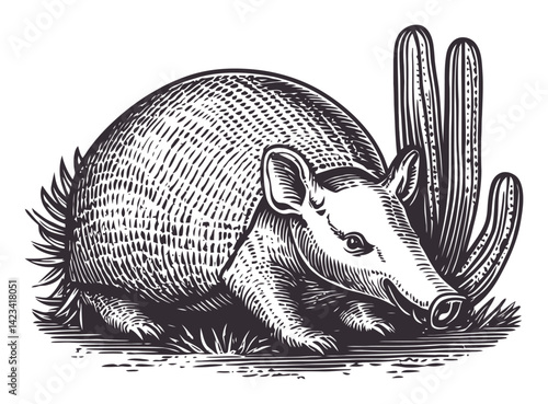 Detailed Linocut Illustration of an Armadillo near a Cactus