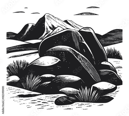 Black and White Linocut of Rocky Landscape with Mountains and Grass