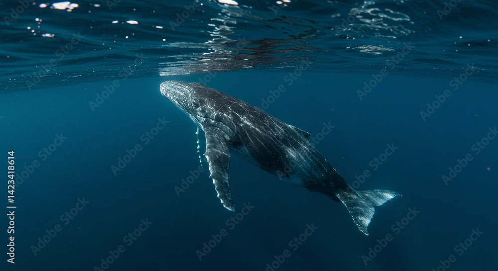 Fototapeta premium Humpback Whale Swimming Underwater in Blue Ocean
