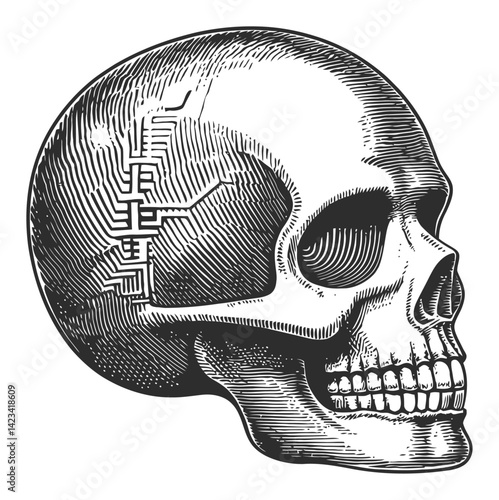 Intricate Skull Illustration with Circuit Pattern in Engraving Style