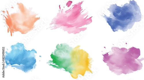 Soft watercolor splash stain colorful set of six Thin and dirty brush stroke set. Grunge splashes stencil,