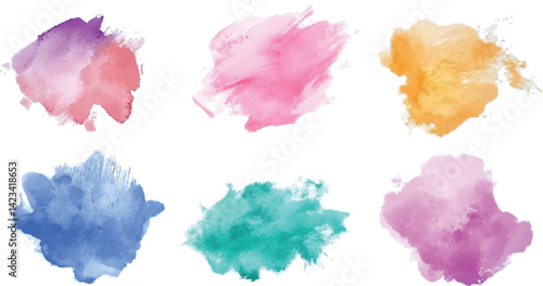Soft watercolor splash stain colorful set of six Thin and dirty brush stroke set. Grunge splashes stencil,