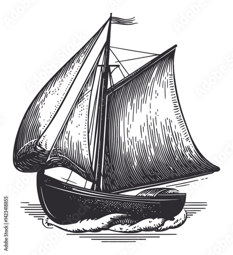 Classic Sailing Ship Woodcut Illustration in Vintage Style