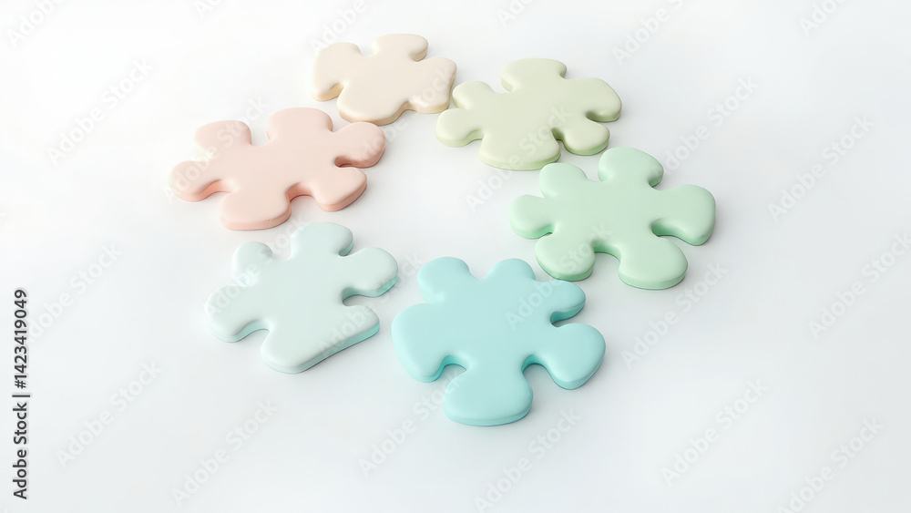 A collection of six colorful puzzle pieces arranged in a circular pattern, representing a collaborative effort. Each piece is in pastel color A collection of six colorful puzzle pieces arranged in a circular pattern, representing a collaborative effort. Each piece is in pastel color