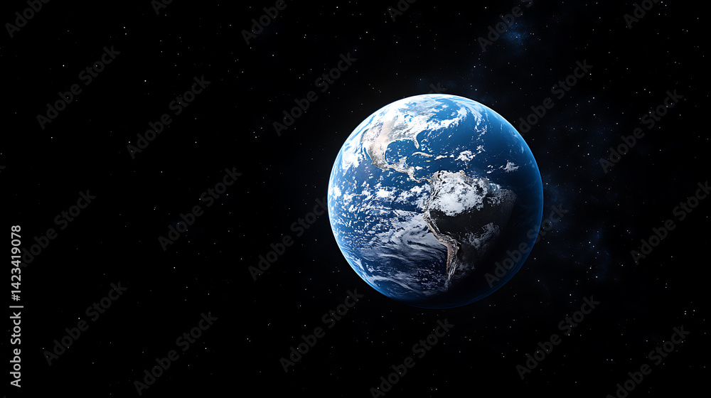Fototapeta premium Photograph of the Earth rising above a black background, as seen from space. Earthrise, with a blue Moon in the background.