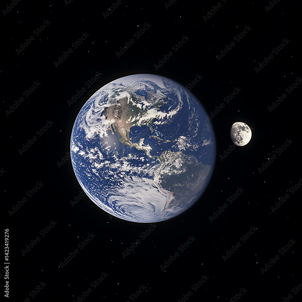 Fototapeta premium Photograph of the Earth rising above a black background, Earthrise, the Earth in the foreground with the Moon below it.