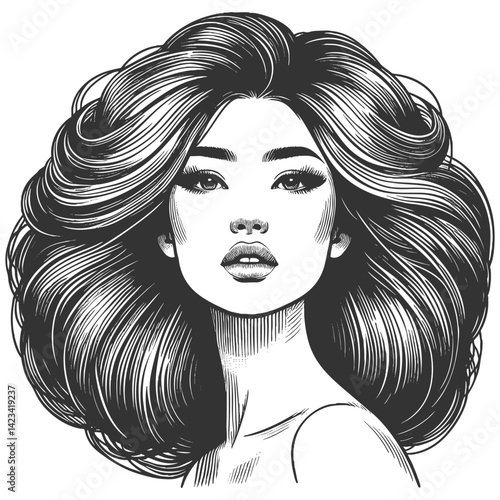 Asian woman with striking voluminous hair, showcasing elegance, beauty, and timeless fashion sketch engraving generative ai vector illustration. Scratch board imitation. Black and white image.