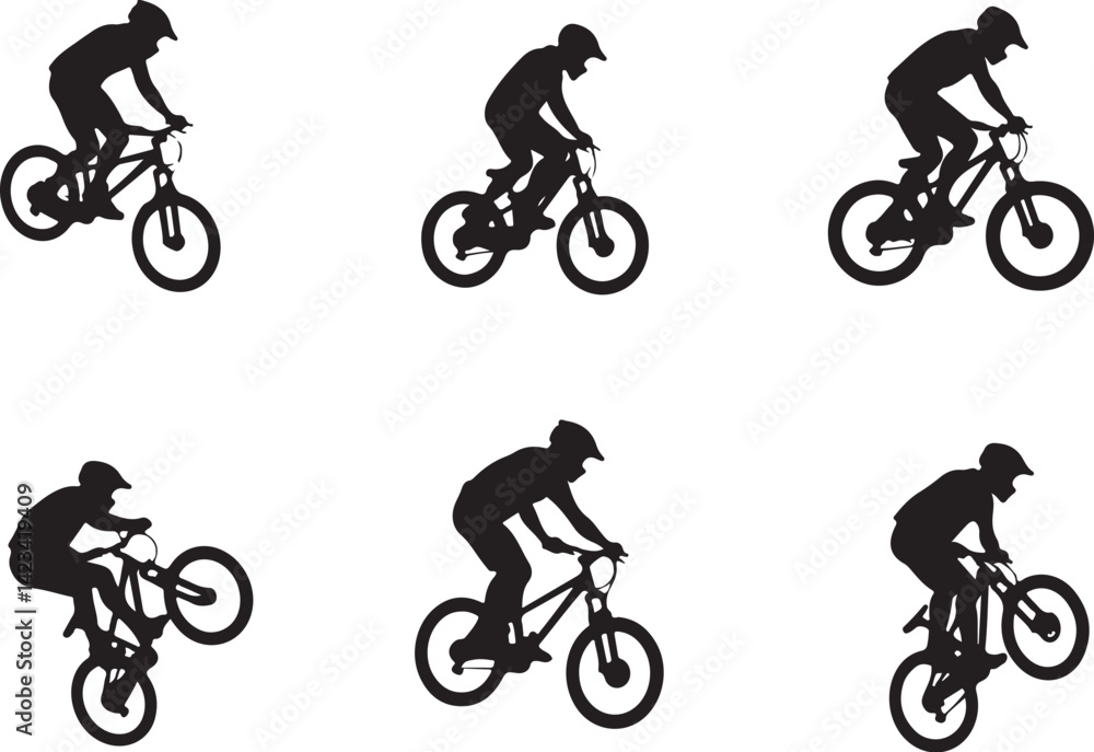 Naklejka premium Epic Mountain Biking Adventure Silhouette with Pine Forest, Moon, and Wilderness Scenery