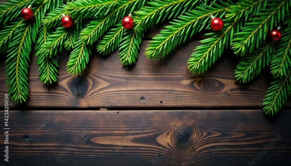 Deep green fir branches spread on rustic wood , winter, seasonal, evergreen Deep green fir branches spread on rustic wood , winter, seasonal, evergreen