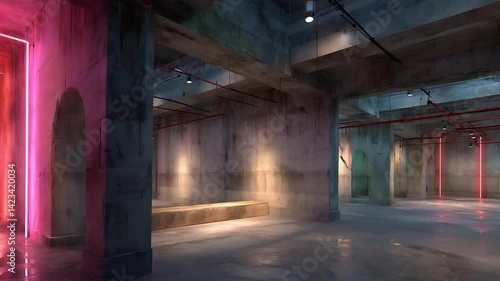 Wallpaper Mural Modern industrial interior with neon lights illuminating a spacious concrete environment Torontodigital.ca