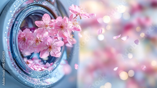 Cherry blossoms in washing machine drum with petals floating in soft focus