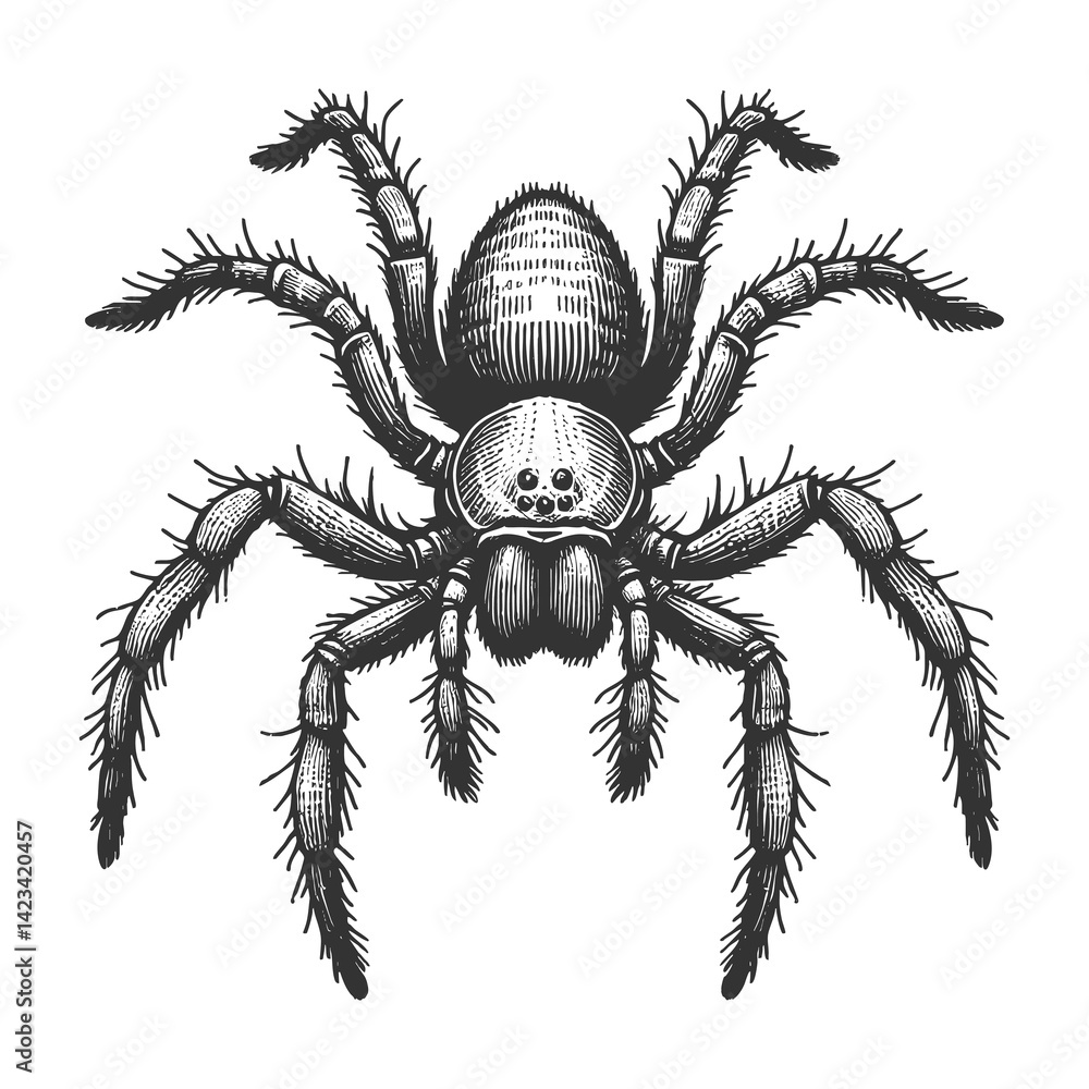 Obraz premium tarantula spider, showcasing fine detail of its hairy legs and body anatomy sketch engraving generative ai raster illustration. Scratch board imitation. Black and white image.