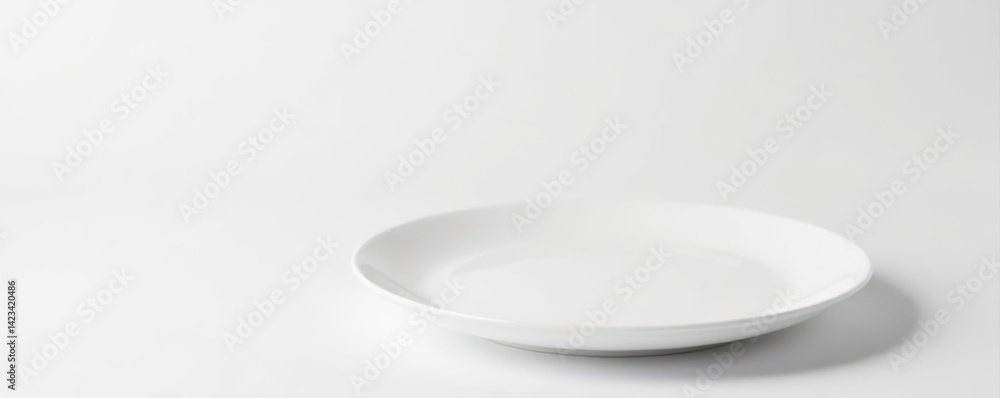 Empty white plate, side profile against white Clean, simple, flat surface , perspective, copy space, porcelain Empty white plate, side profile against white Clean, simple, flat surface , perspective, copy space, porcelain