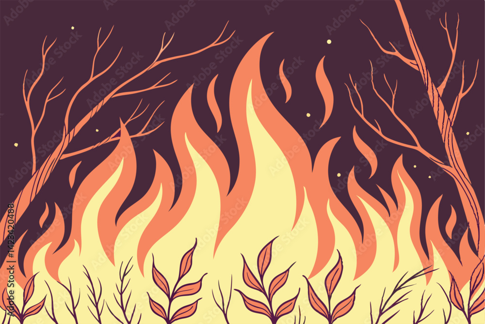 Vector illustration of a bonfire in the forest with dry branches. Vector illustration of a bonfire in the forest with dry branches.
