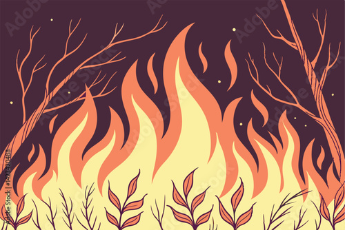 Vector illustration of a bonfire in the forest with dry branches.