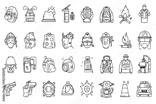 Firefighter and police profession icons are in black and white line art in vector style.