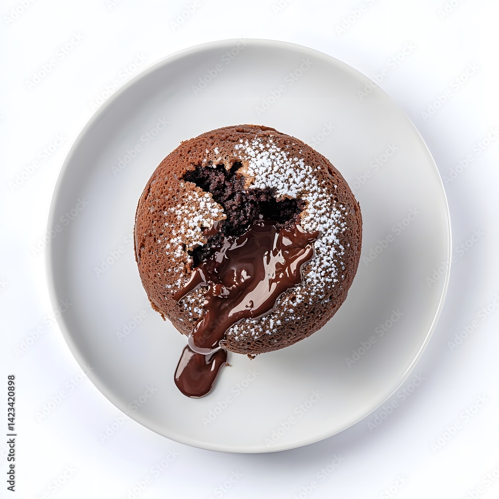 Fototapeta premium A decadent chocolate lava cake with a molten chocolate center sits on a white plate dusted with powdered sugar ready to be enjoyed.