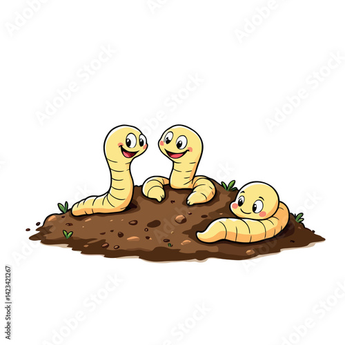 Vsai happy earthworms emerging from fertile soil