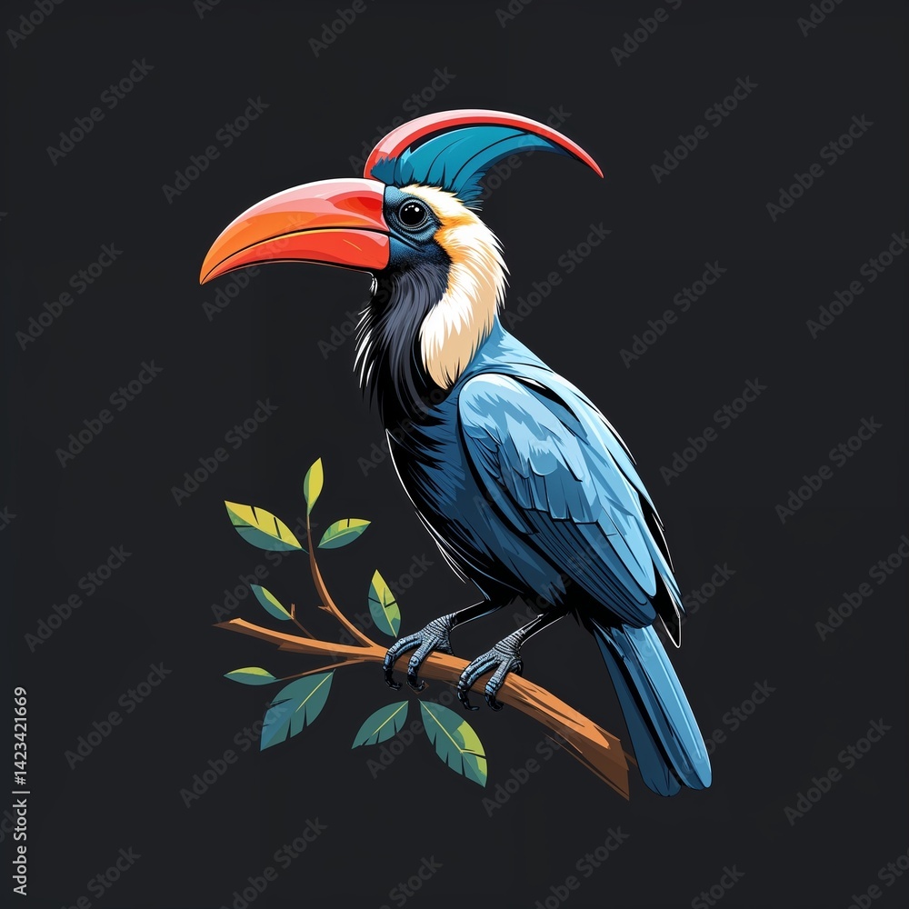 Obraz premium hornbill on plain black background illustration icon logo concept 