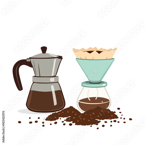 Vsai moka pot and pour over coffee maker brewing methods with coffee beans and grounds