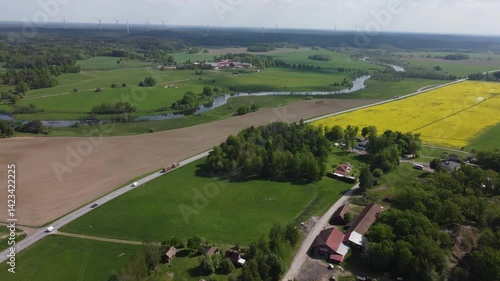 Sweden. Flying over fields and roads in Sweden.