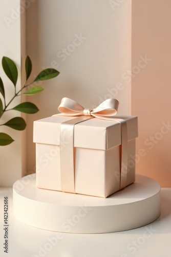 Subtle beige gift box, tied with a delicate ribbon, showcased on a white platform , simple, photography, birthday