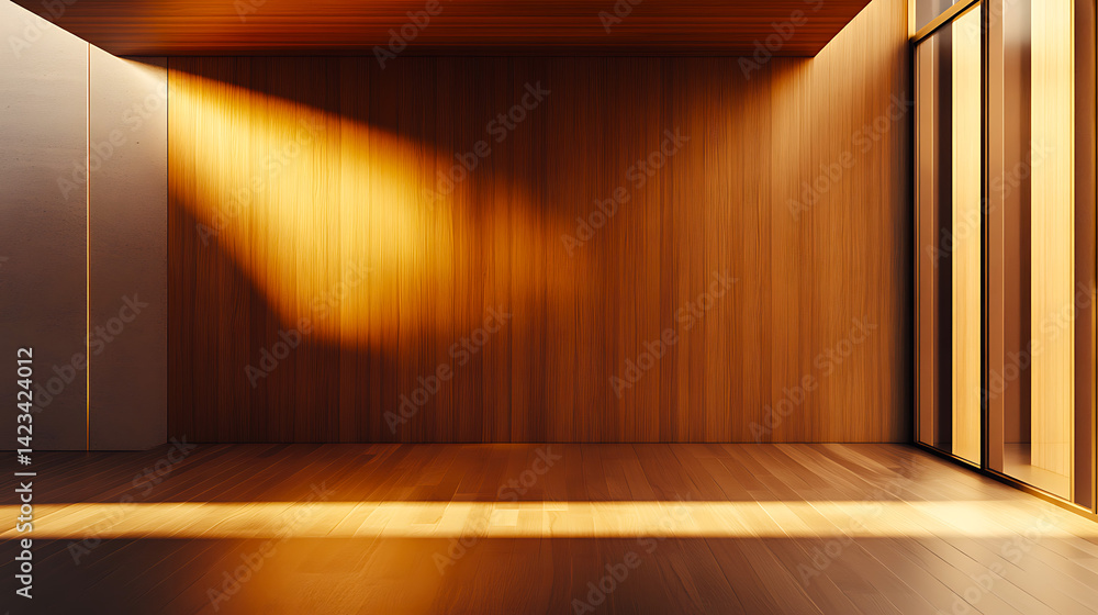 Fototapeta premium Warm Sunlight Illuminating Modern Wooden Room Interior