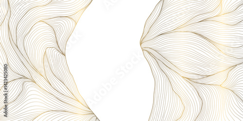 Vector abstract gold line wave pattern, luxury elegant frame with organic fluid elements. Japanese soft cards, organic leaves, flow curve glitter, clouds