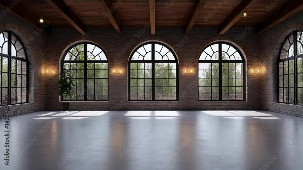 Spacious interior of a modern loft with large windows, natural light, and greenery outside Spacious interior of a modern loft with large windows, natural light, and greenery outside