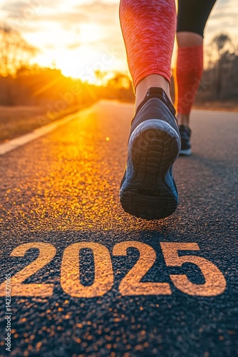 Wallpaper Mural Woman running on the road towards the new year 2025 at sunset Torontodigital.ca