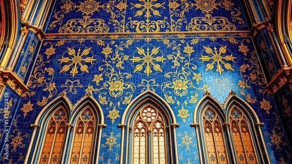 Obraz premium Majestic Gothic images, Majestic Gothic Archway with Deep Blue and Gold Ornate Ceilings, Royal Gothic Corridor with Dreamy Blue-Gold Arches – A Touch of Magic & Majesty