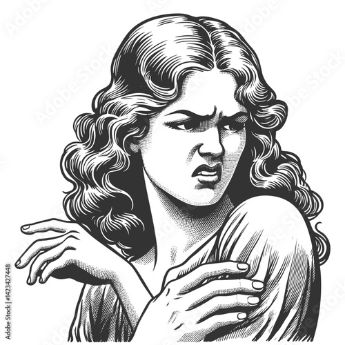 woman with an intense, skeptical look with disgust and disdain, dressed in mid-century fashion sketch engraving generative ai fictional character vector illustration. Scratch board. Black and white.