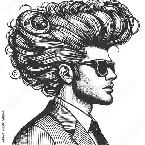 fashionable man with exaggerated, voluminous hair and a beard, wearing sunglasses and a tuxedo, surrealism with vintage aesthetics sketch engraving generative ai vector. Scratch board. Black and white