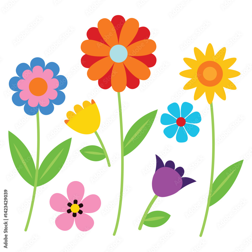Abstract flat style flower illustrations in vibrant digital art perfect for prints and web design Abstract flat style flower illustrations in vibrant digital art perfect for prints and web design