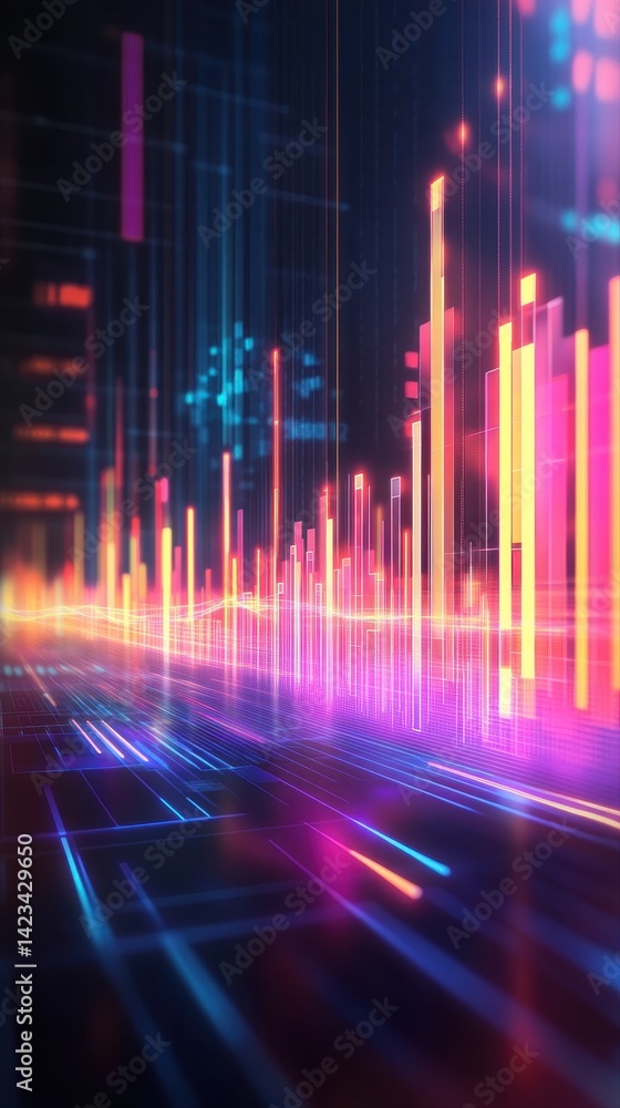 Vibrant neon digital cityscape with glowing light bars and futuristic grid lines in a dynamic abstract technology background suitable for digital innovation themes Vibrant neon digital cityscape with glowing light bars and futuristic grid lines in a dynamic abstract technology background suitable for digital innovation themes
