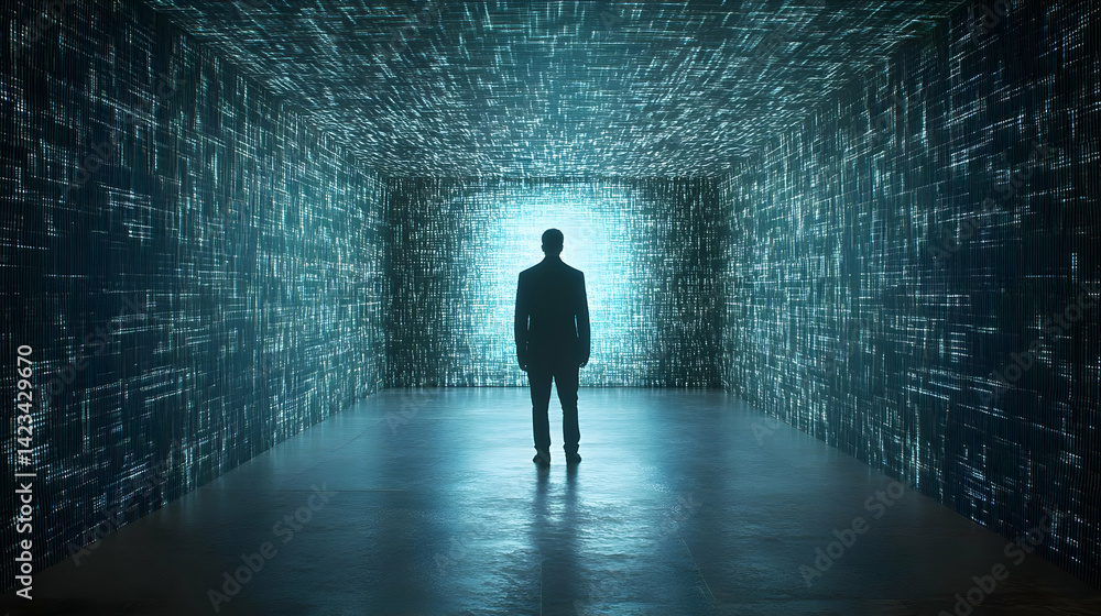 Silhouette of a Man Standing in a Blue Digital Tunnel Silhouette of a Man Standing in a Blue Digital Tunnel