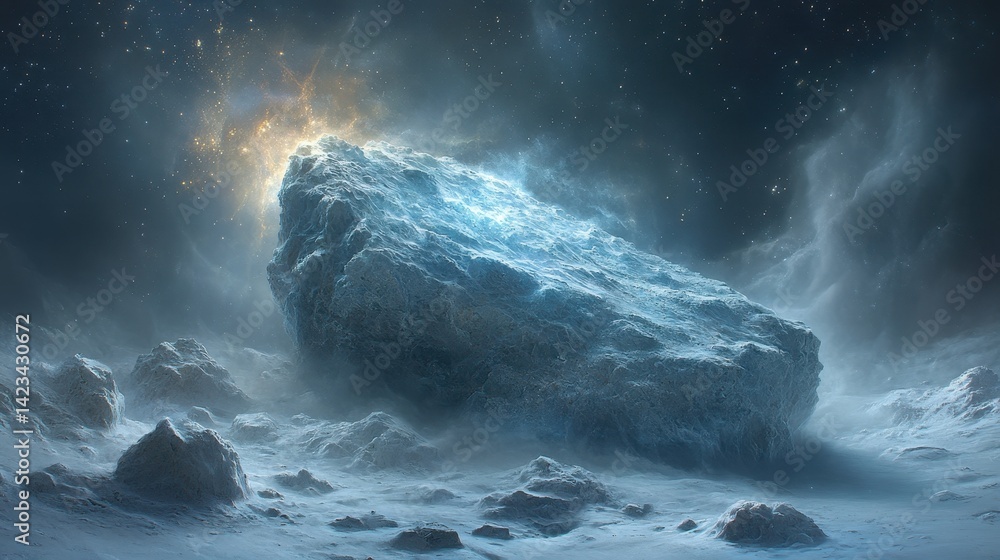 Vast, icy asteroid dominates a celestial landscape.