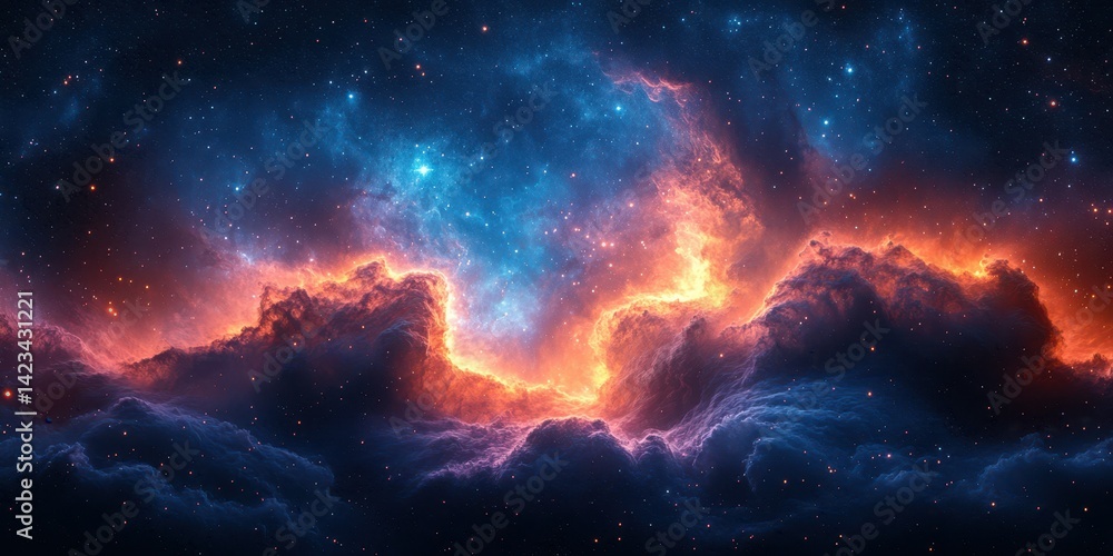 Vibrant cosmic nebula illuminated by stars in deep space with swirling clouds and brilliant colors Vibrant cosmic nebula illuminated by stars in deep space with swirling clouds and brilliant colors