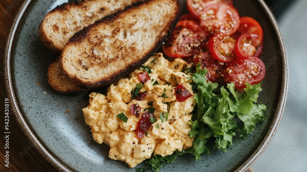 Hearty breakfast platter with toasted bread, egg salad, and sliced tomatoes. Hearty breakfast platter with toasted bread, egg salad, and sliced tomatoes.