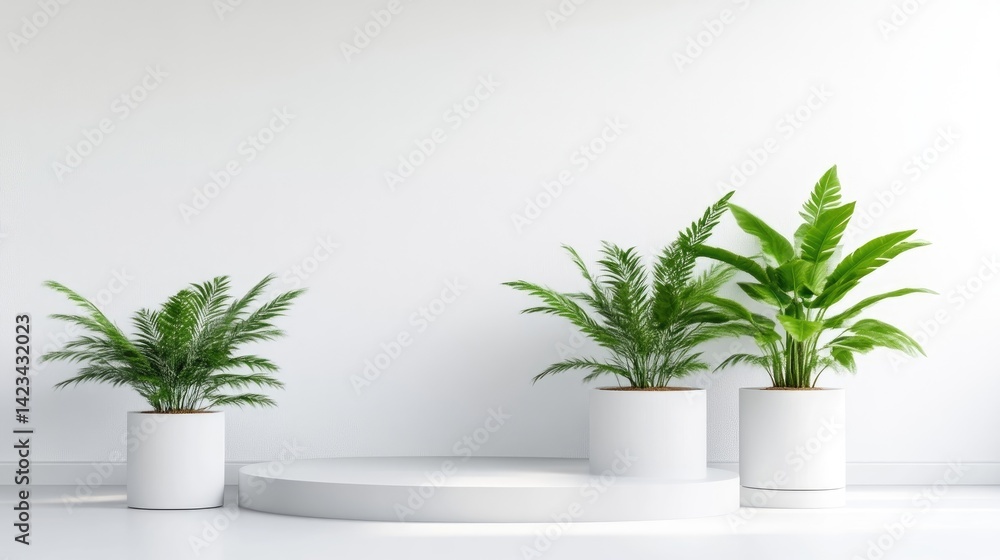Fototapeta premium Minimalist white podium display with green potted plants against a clean wall.