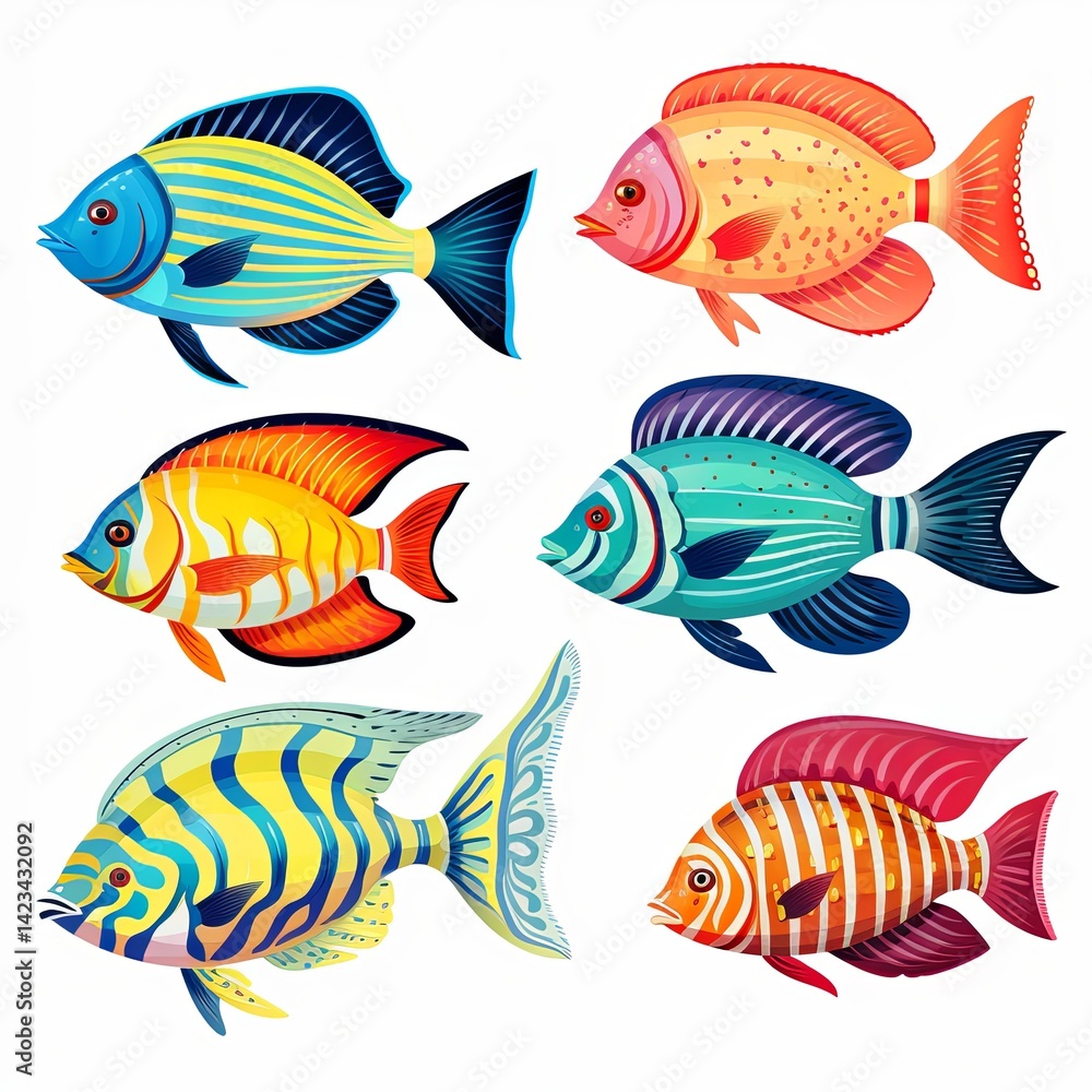 Naklejka premium A Vibrant Collection of Colorful Tropical Fish Swimming Gracefully in Clear Water.